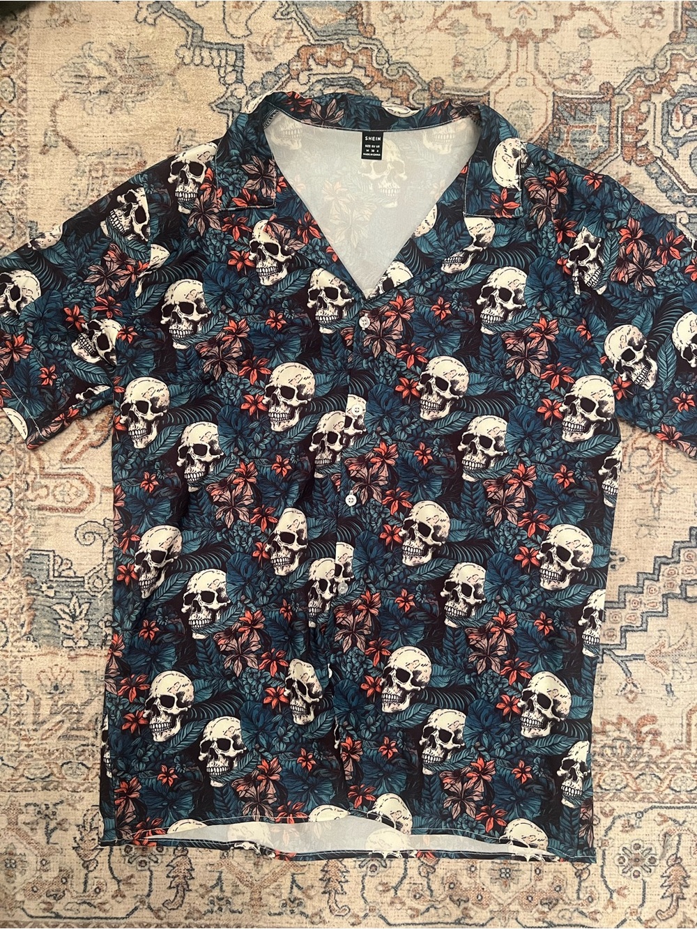 Men's Navy Skull & Floral Button-Up Shirt